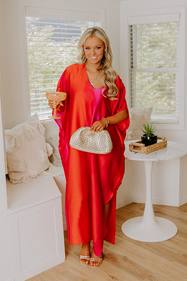 Moonlit Lagoon Satin Caftan Maxi Dress in Red Image 1   