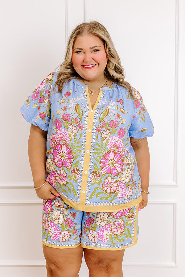 Santorini Daydream Linen-Blend Floral Top in Periwinkle Curves Image 1