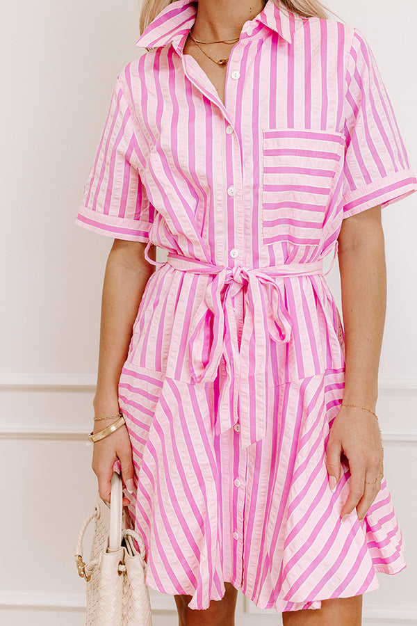 Luxe Lines Button Down Mini Dress in Pink Image 2