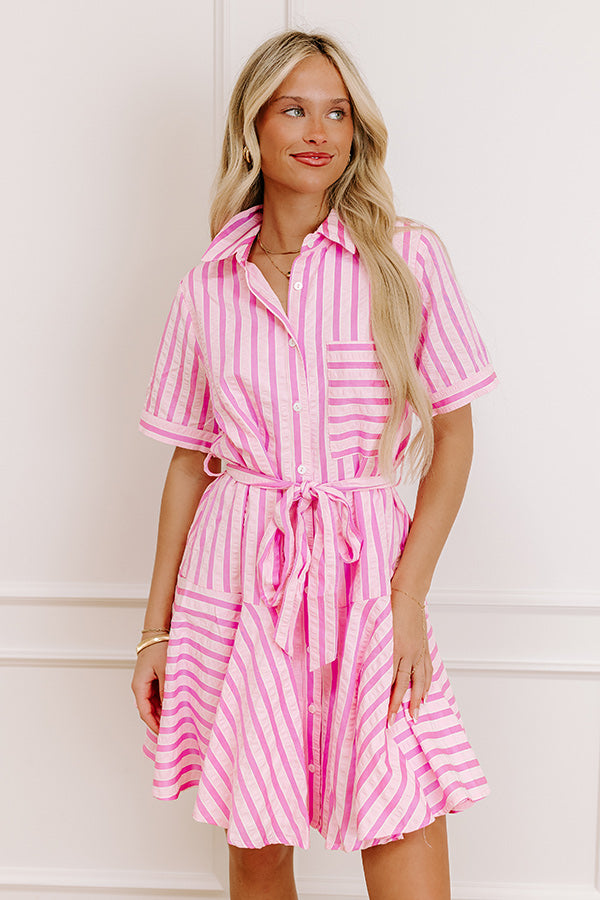 Luxe Lines Button Down Mini Dress in Pink Image 3