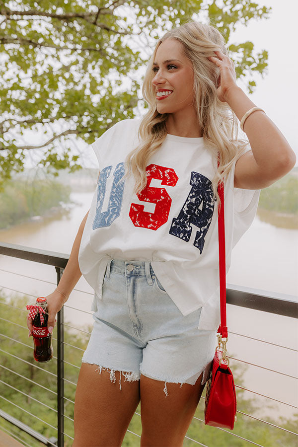 Red, White And Lace USA Embroidered Tee Image 1