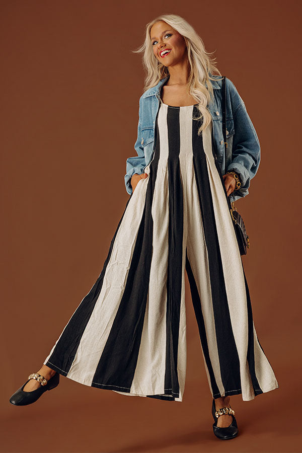 Stripe A Pose Linen-Blend Jumpsuit in Black Image - 1
