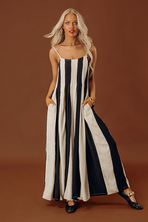 Stripe A Pose Linen-Blend Jumpsuit in Black Image - 2