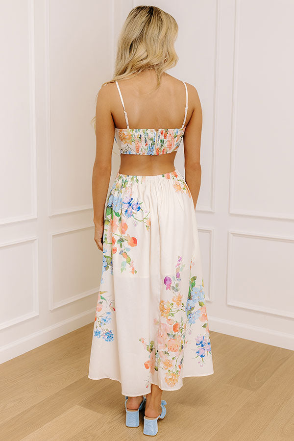 floral cut out midi dress Floral Puff Sleeve Cut Out Midi Dress In White