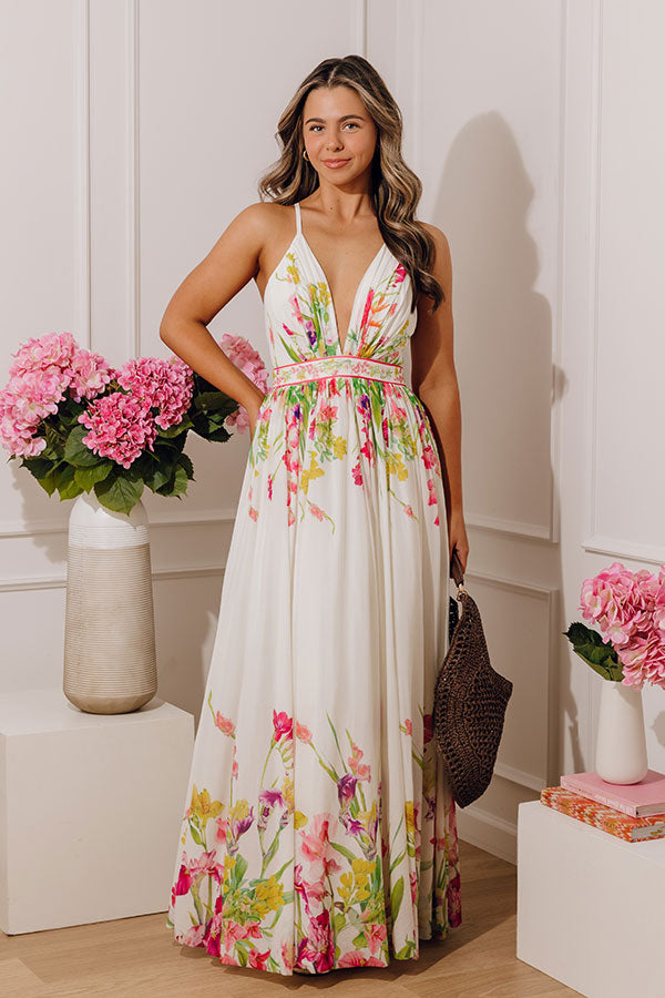 cheap floral maxi dresses Spring Floral Maxi Dress | Blush Pink A-line Gown | Ruffle Shoulder Elegant Day Dress | Boho Chiffon Picnic Outfit for Spring & Summer