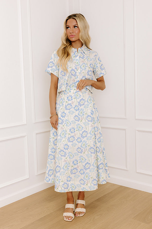 Butterfly Garden High Waist Floral Midi Skirt in Blue Image 2