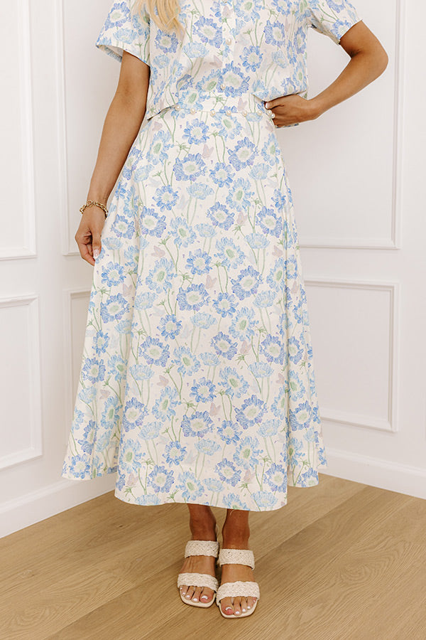 Butterfly Garden High Waist Floral Midi Skirt in Blue Image 1