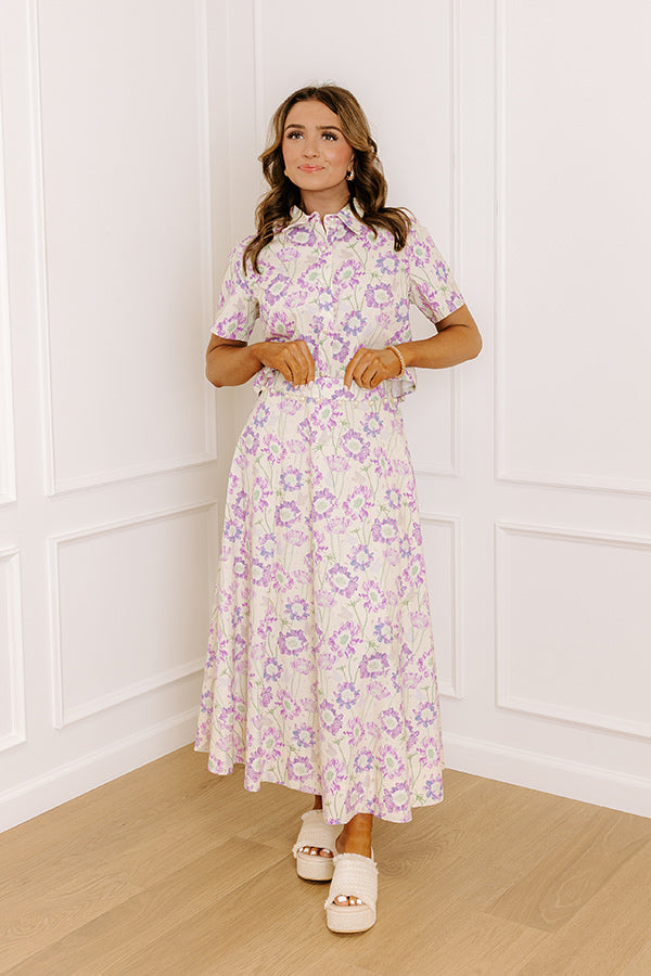 Butterfly Garden High Waist Floral Midi Skirt in Lavender Image 1