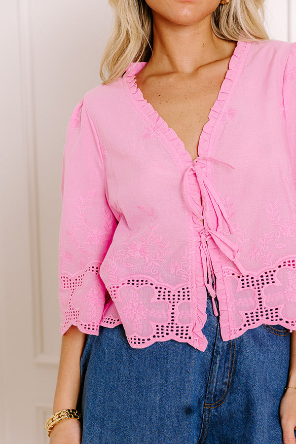 Boho Charm Embroidered Front Tie Top in Pink Image 3