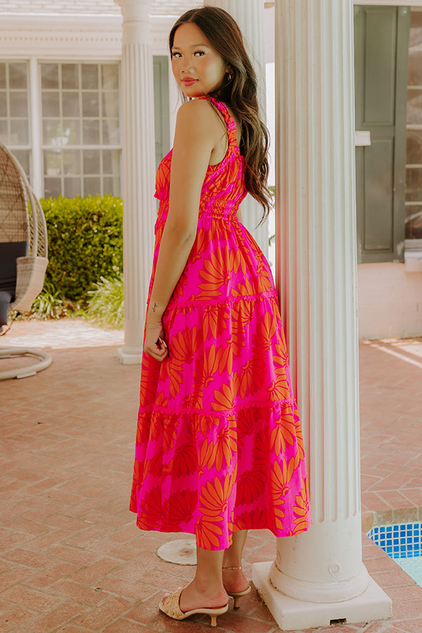 hot pink floral midi dress Pink Floral Print V-Neck Midi Dress