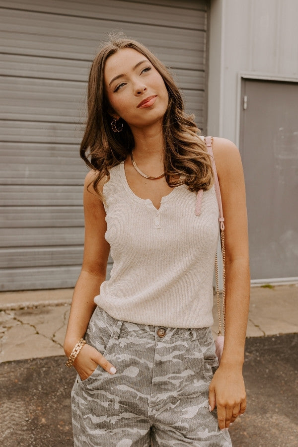 Coastal Brunch Linen-Blend Henley Top in Oatmeal