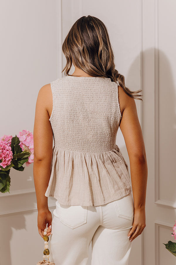 Santorini Breeze Front Tie Smocked Top in Birch Image - 4