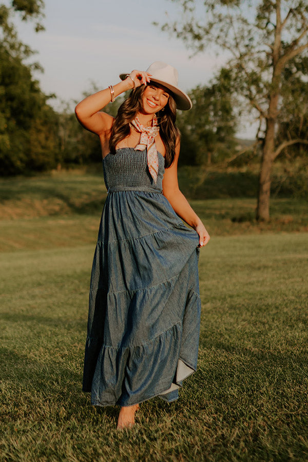 Skyline Chic Smocked Denim Maxi Dress Skyline Chic Smocked Denim Maxi Dress