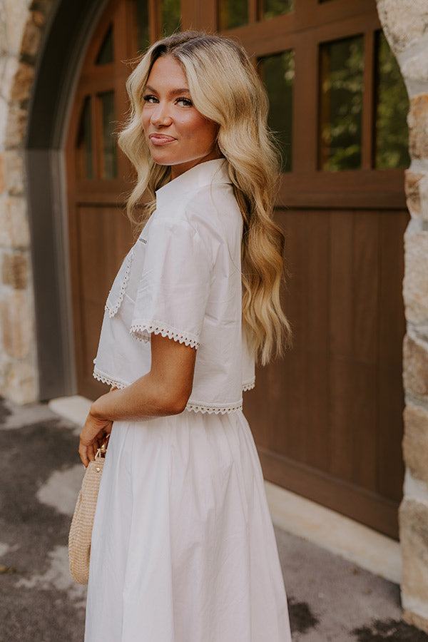 Courtyard Brunch Embellished Crop Top in White