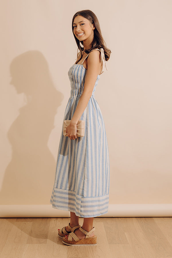 Shoreline Muse Linen-Blend Stripe Midi Dress L / sky blue