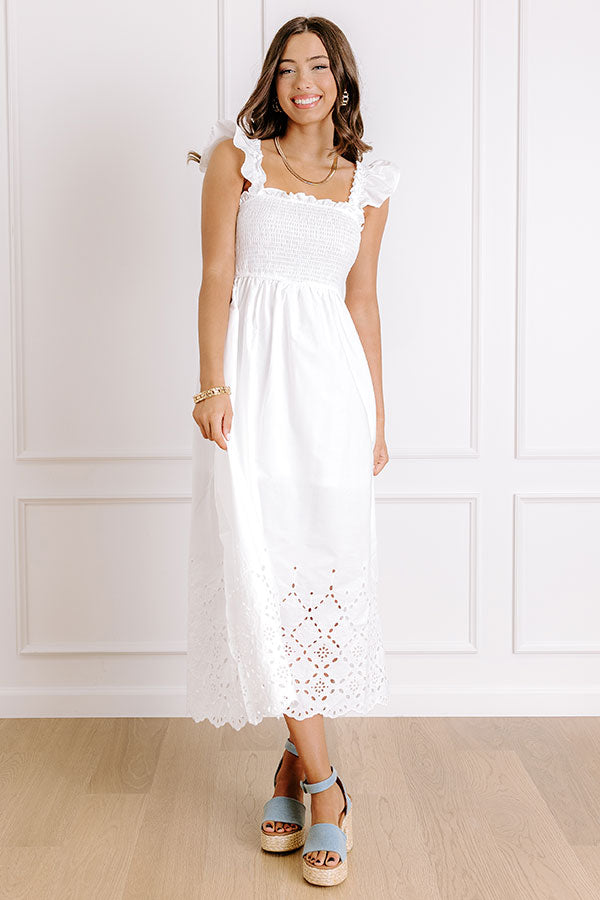 Call It Serendipity Smocked Eyelet Midi Dress in White Image 3