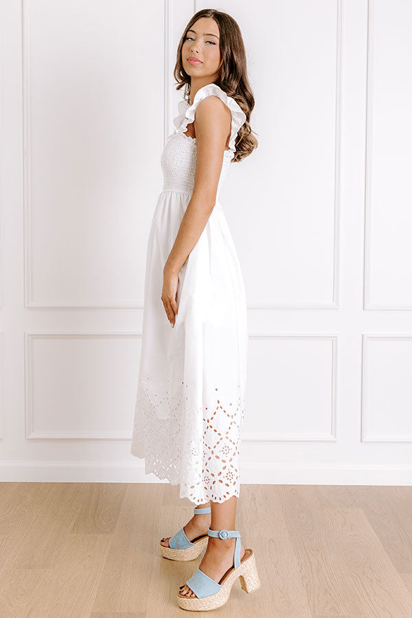 Call It Serendipity Smocked Eyelet Midi Dress in White Image 4