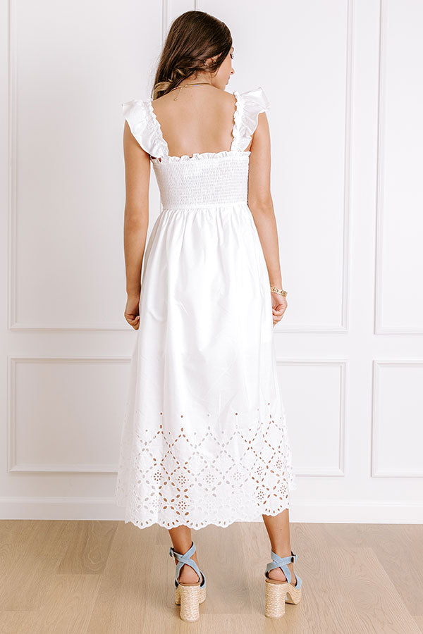 Call It Serendipity Smocked Eyelet Midi Dress in White S / White Call It Serendipity Smocked Eyelet Midi Dress in White S / White