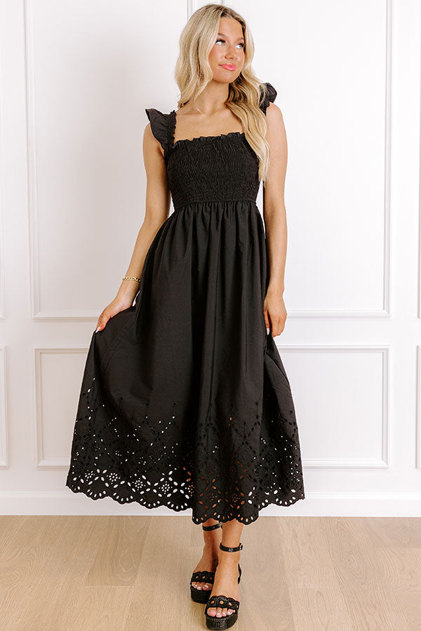 black dress eyelet Call It Serendipity Smocked Eyelet Midi Dress in Black M / Black