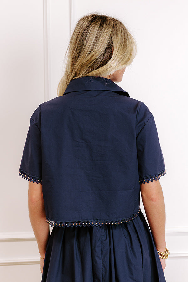 Courtyard Brunch Embellished Crop Top in Navy Image 5