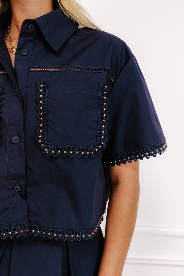Courtyard Brunch Embellished Crop Top in Navy Image 2