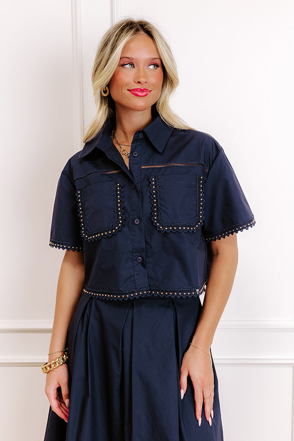 Courtyard Brunch Embellished Crop Top in Navy Image 1