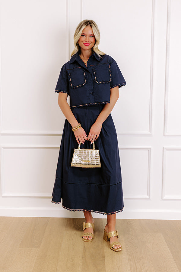 Courtyard Brunch Embellished Crop Top in Navy Image 3