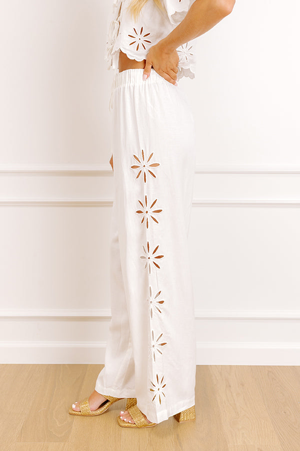 Sicily Stroll High Waist Linen-Blend Embroidered Pants in White Image 2
