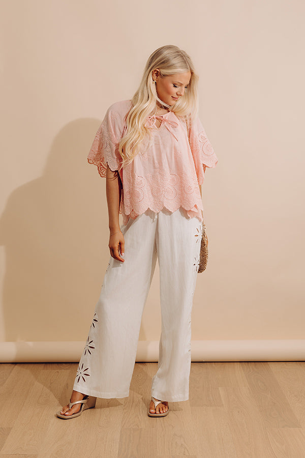 Sicily Stroll High Waist Linen-Blend Embroidered Pants in White Image - 2