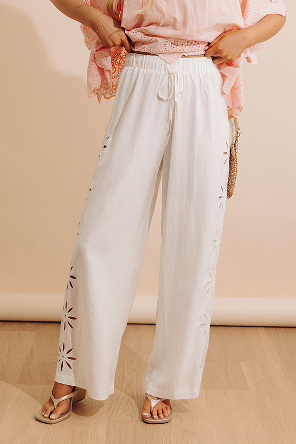 Sicily Stroll High Waist Linen-Blend Embroidered Pants in White Image - 1