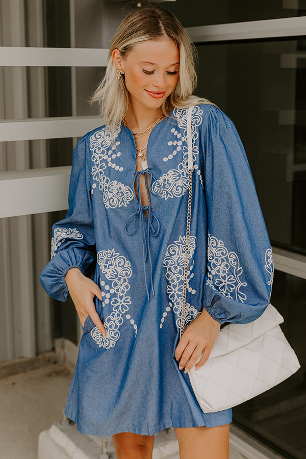 Brunch Chic Embroidered Mini Dress M / denim medium wash