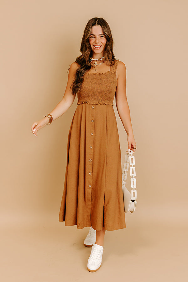 linen blend midi dress Harvest Lane Linen-Blend Midi Dress in Chocolate M / Chocolate