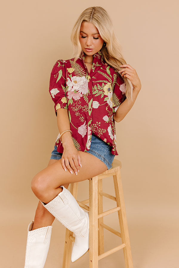 Dreaming Of Dahlias Button Up Top in Wine Image 1