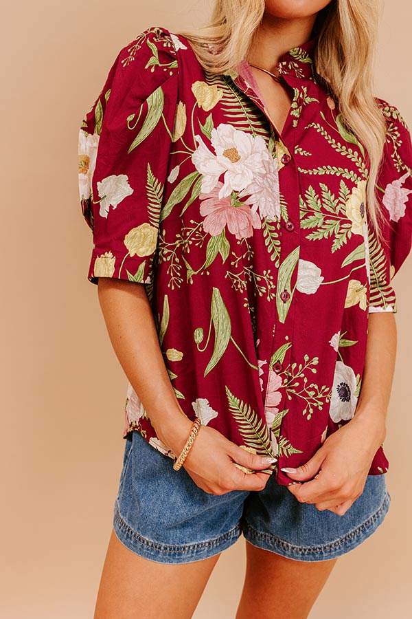 Dreaming Of Dahlias Button Up Top in Wine Image 3