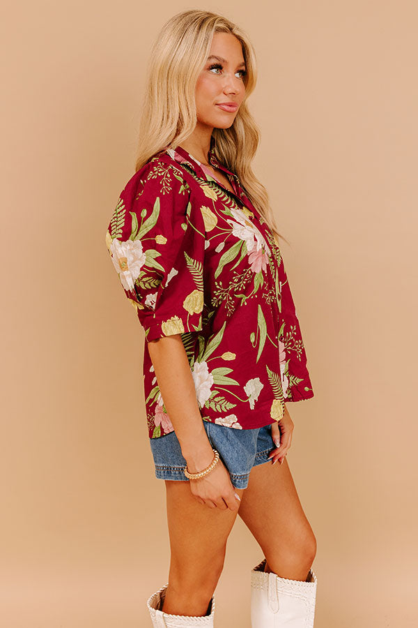 Dreaming Of Dahlias Button Up Top in Wine Image 4