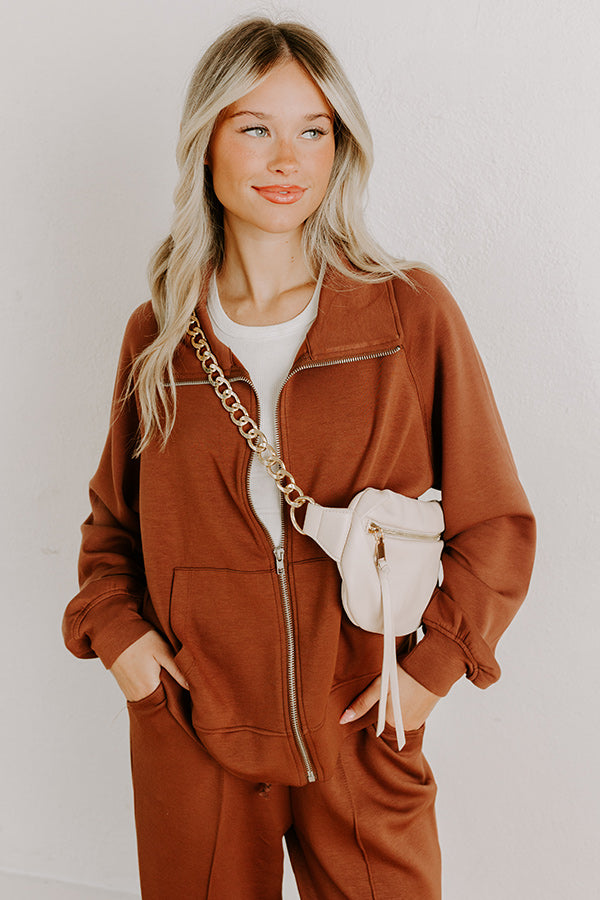 Morning Dew Scuba Zip-Up Sweater in Chocolate Image 3