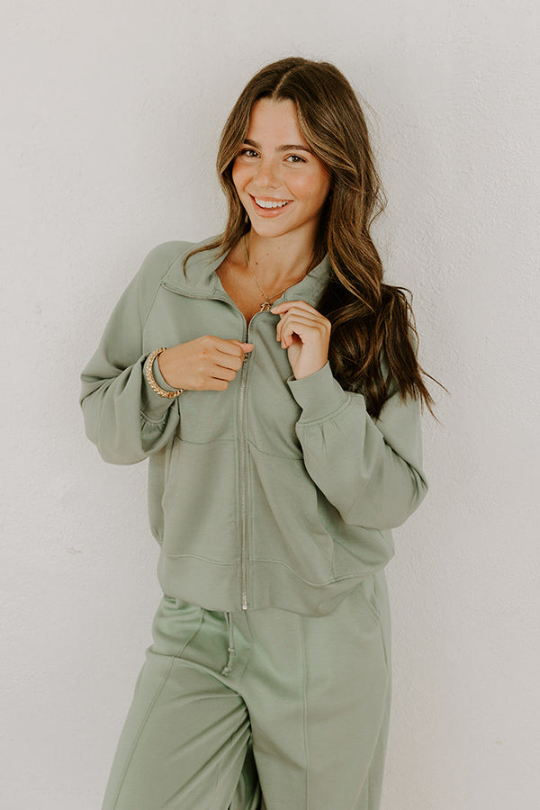 Morning Dew Scuba Zip-Up Sweater in Sage Image 4