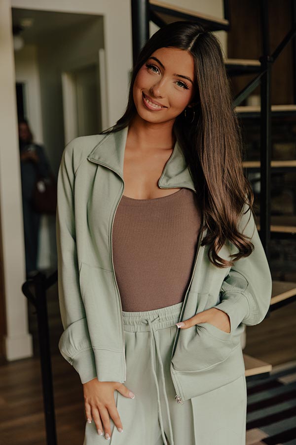 Morning Dew Scuba Zip-Up Sweater in Sage Image - 2
