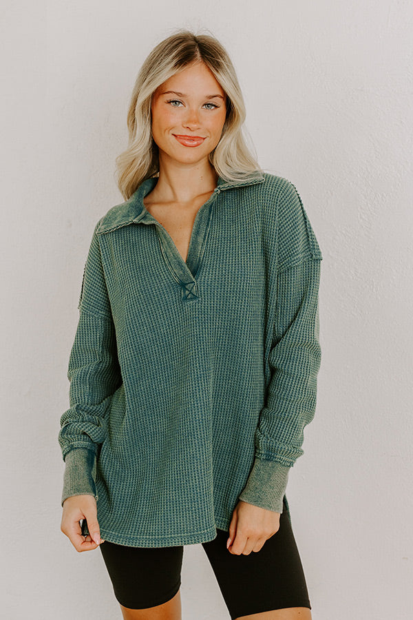 Cozy Cues Waffle Knit Top in Hunter Green Image 2