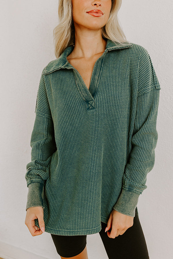 Cozy Cues Waffle Knit Top in Hunter Green Image 3