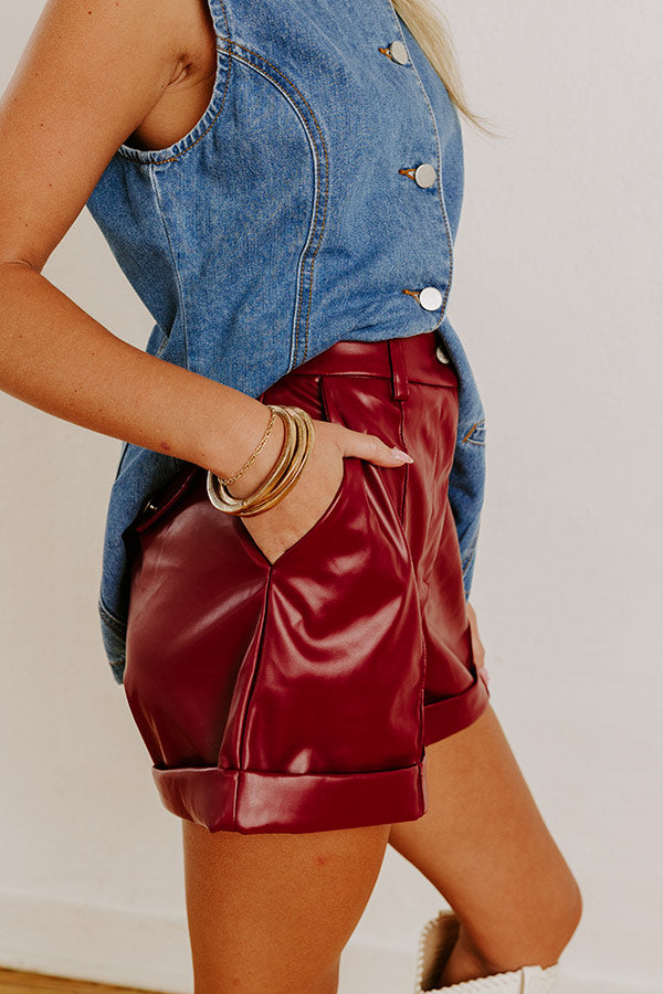 The Cecily High Waist Faux Leather Shorts in Wine Image 5