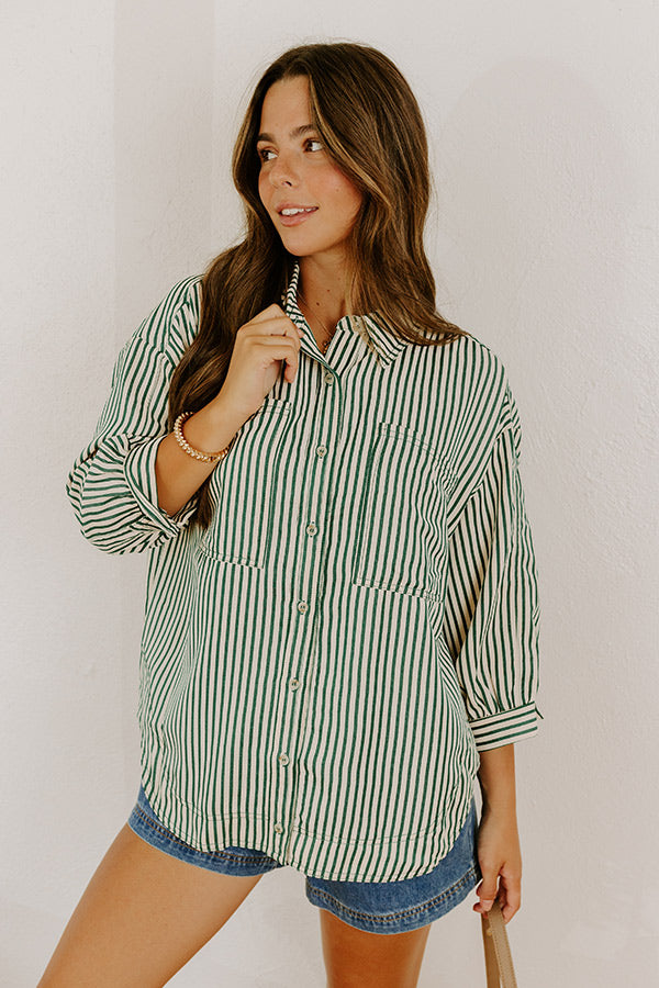 Stripe A Pose Oversized Button Up Top in Hunter Green Image 1