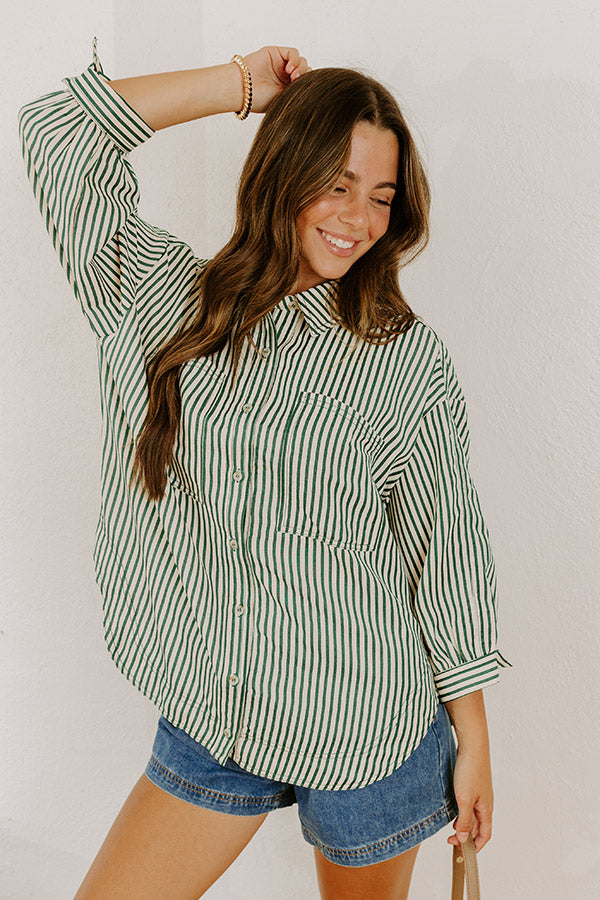 Stripe A Pose Oversized Button Up Top in Hunter Green Image 4
