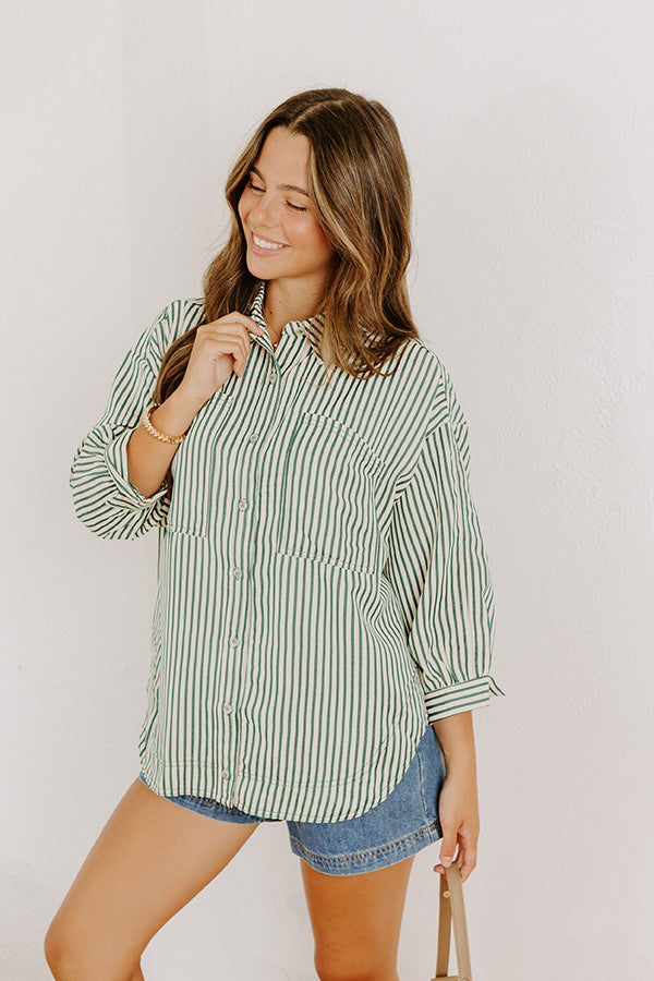 Stripe A Pose Oversized Button Up Top in Hunter Green Image 2