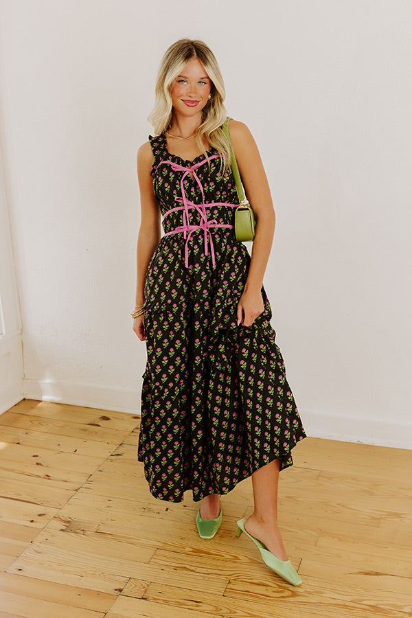 black and pink floral midi dress Black Floral V-Neck Midi Dress for Evening Plans