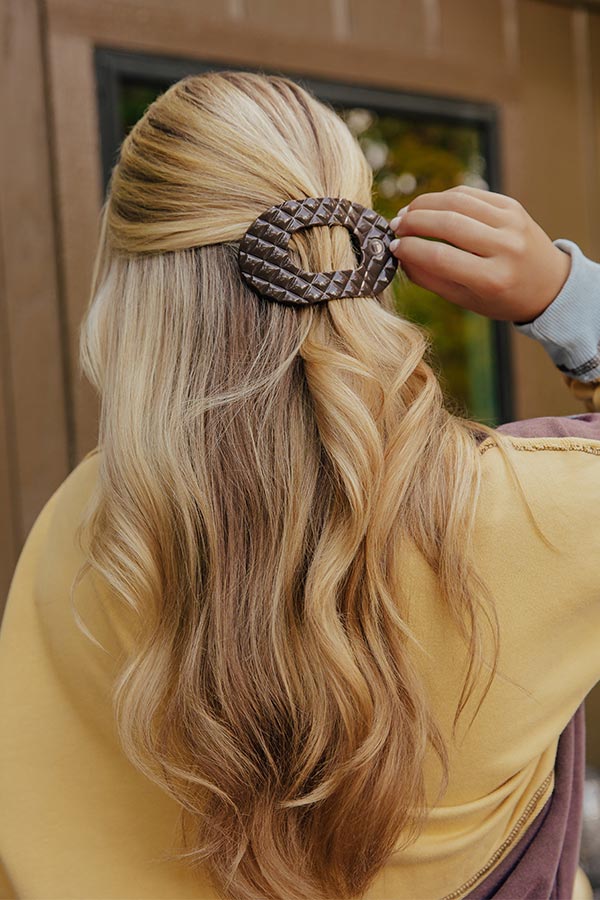 Quilted Large Round Hair Claw Clip in Dark Taupe