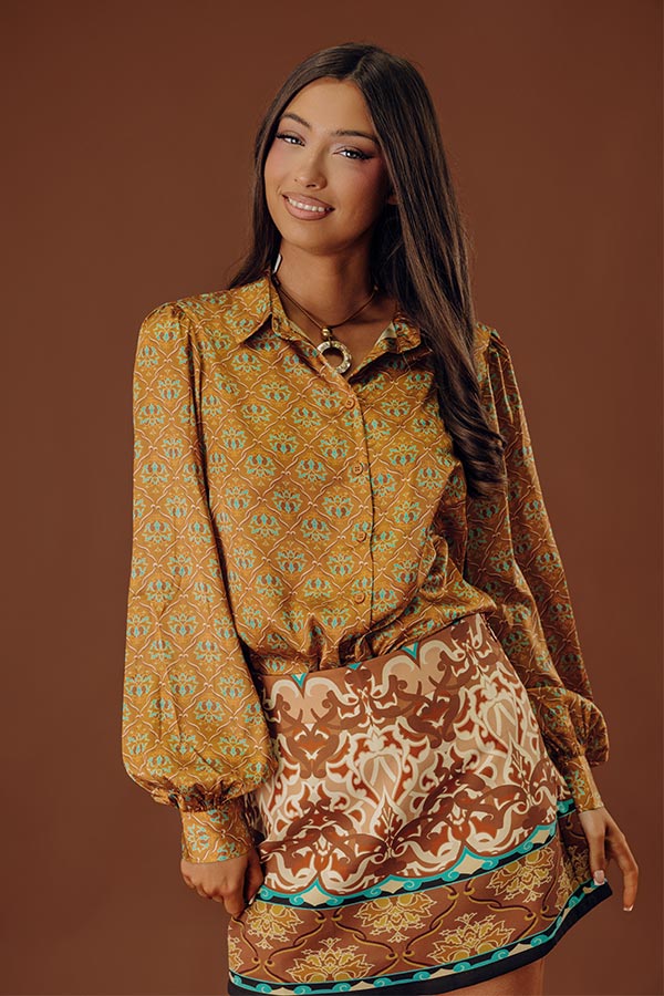 Midtown Chic Satin Button Up Top in Camel Image - 2