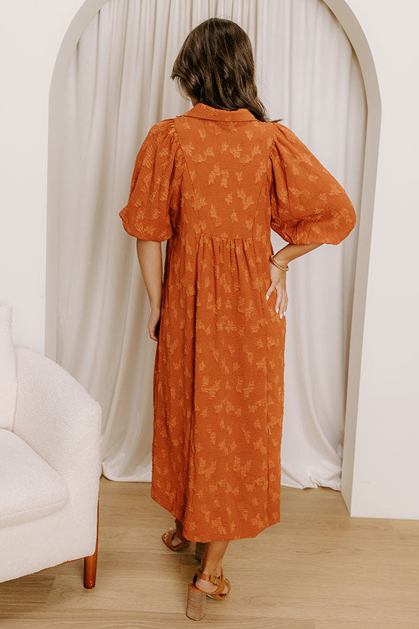 Apple Cider Sippin Jacquard Midi Dress in Rust