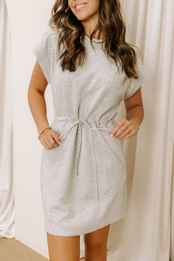grey drawstring dress Juliana Grey Drawstring Midi Dress - Adjustable Waist, Short Sleeves & Pockets