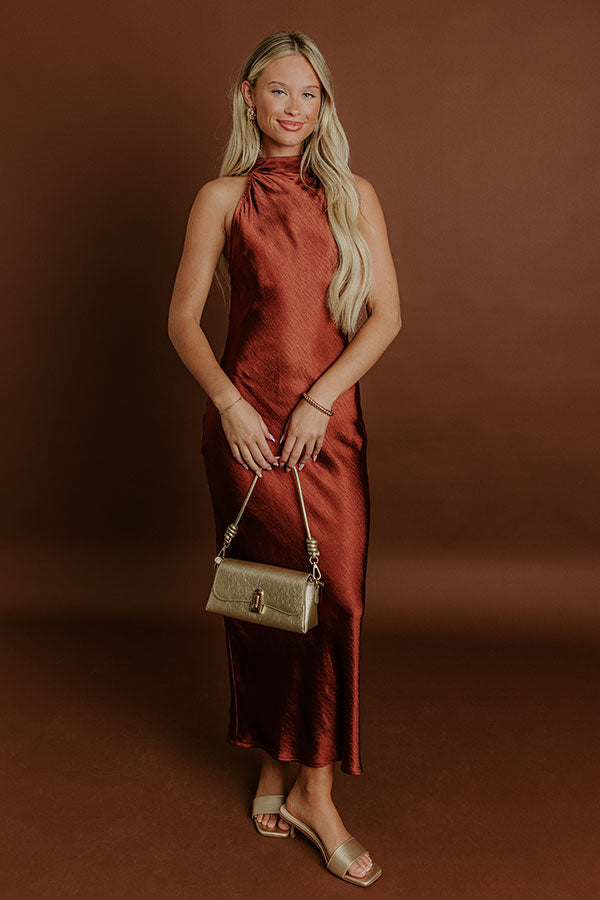 rust satin midi dress Spaghetti Strap Satin Rust Evening Midi Dress